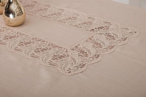Finezza Narin Lüx Dantelli Keten Kumaş Bej Masa Örtüsü 160x230 cm - 1125 - 3