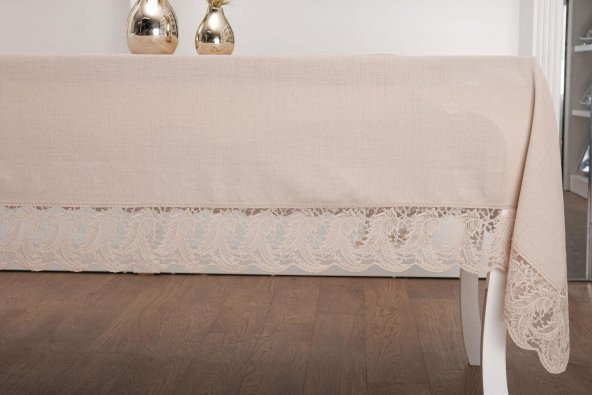 Finezza Narin Lüx Dantelli Keten Kumaş Bej Masa Örtüsü 160x230 cm - 1125 - 4