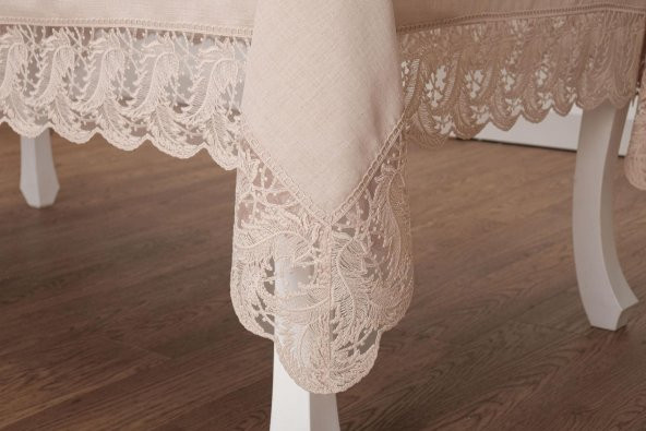 Finezza Narin Lüx Dantelli Keten Kumaş Bej Masa Örtüsü 160x230 cm - 1125 - 5