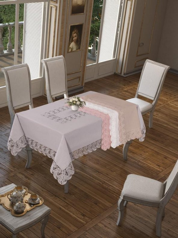 Finezza Narin Lüx Dantelli Keten Kumaş Krem Masa Örtüsü 160x230 cm - 1126 - 2