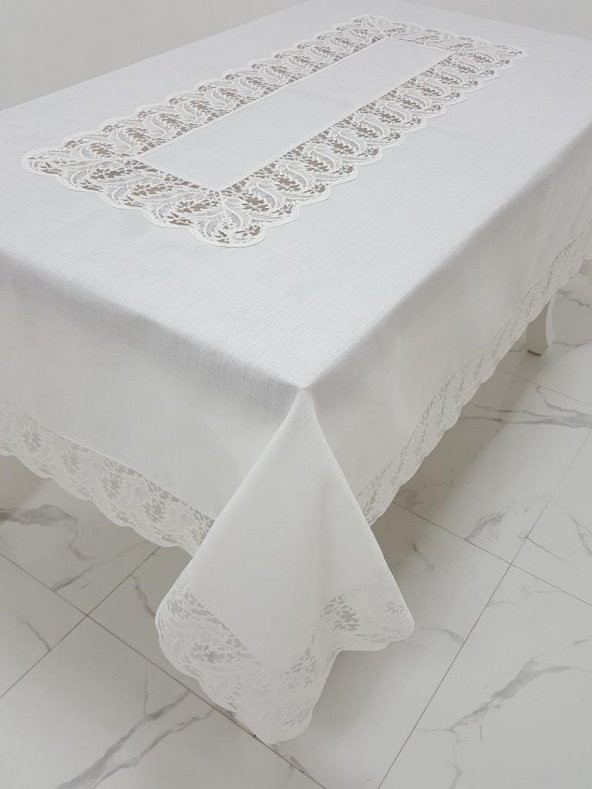Finezza Narin Lüx Dantelli Keten Kumaş Krem Masa Örtüsü 160x230 cm - 1126 - 4
