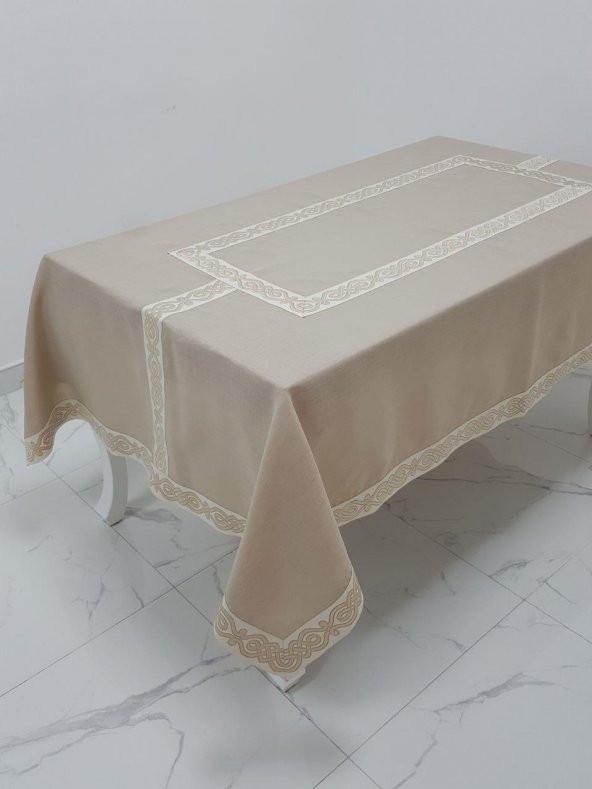 Finezza Antik Lüx Jakar Bordürlü Keten Kumaş Bej Masa Örtüsü 160x230 cm - 1128