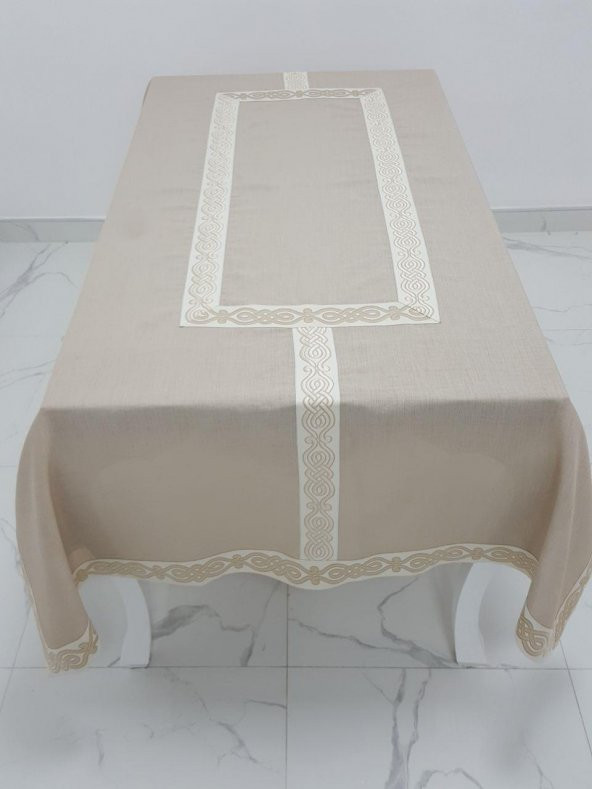 Finezza Antik Lüx Jakar Bordürlü Keten Kumaş Bej Masa Örtüsü 160x230 cm - 1128 - 3