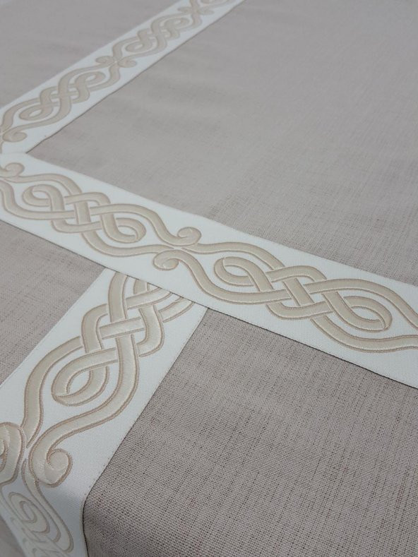 Finezza Antik Lüx Jakar Bordürlü Keten Kumaş Bej Masa Örtüsü 160x230 cm - 1128 - 4