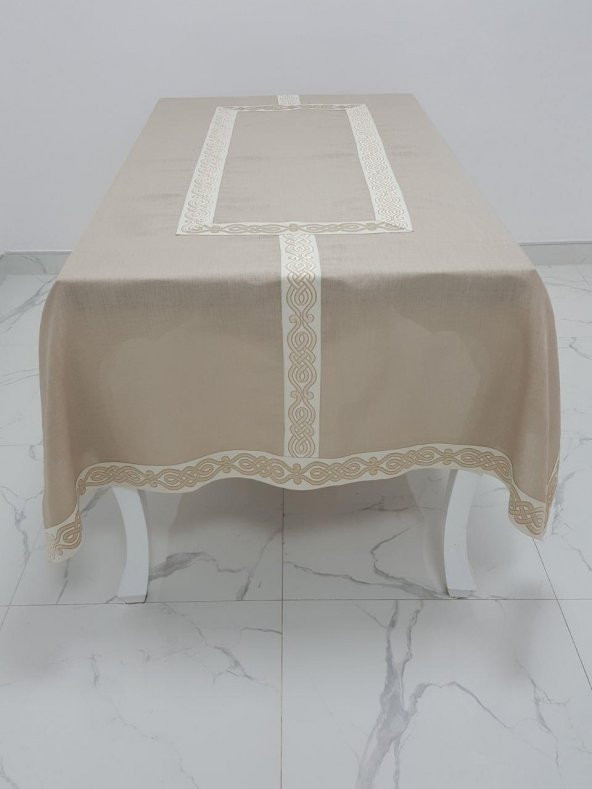Finezza Antik Lüx Jakar Bordürlü Keten Kumaş Bej Masa Örtüsü 160x230 cm - 1128 - 5
