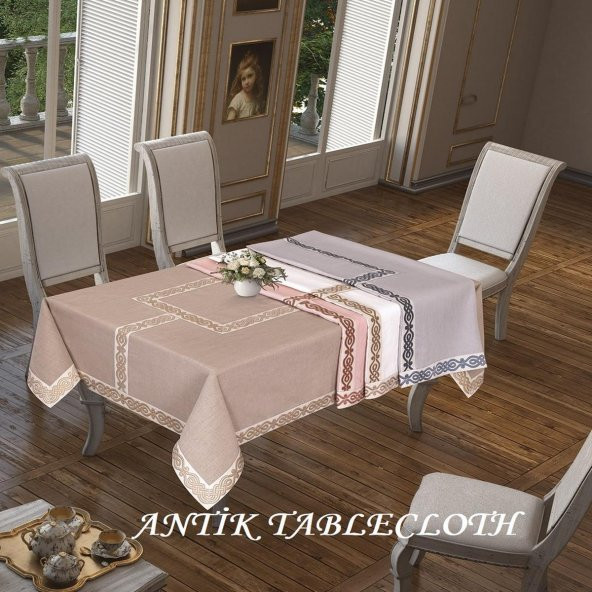 Finezza Antik Lüx Jakar Bordürlü Keten Kumaş Gri Masa Örtüsü 160x230 cm - 1129 - 2