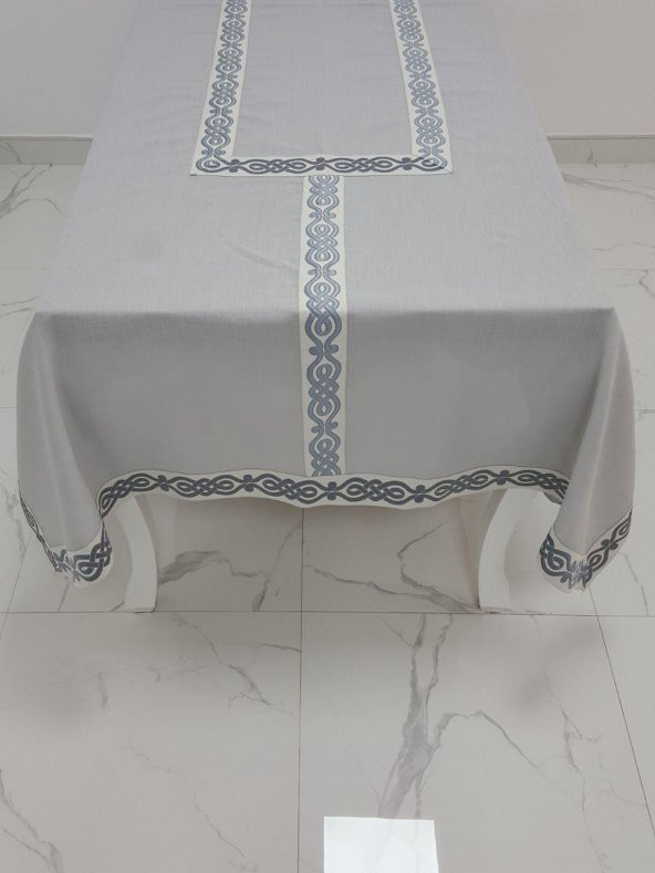Finezza Antik Lüx Jakar Bordürlü Keten Kumaş Gri Masa Örtüsü 160x230 cm - 1129 - 3