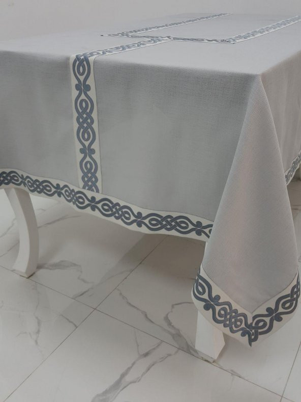 Finezza Antik Lüx Jakar Bordürlü Keten Kumaş Gri Masa Örtüsü 160x230 cm - 1129 - 5