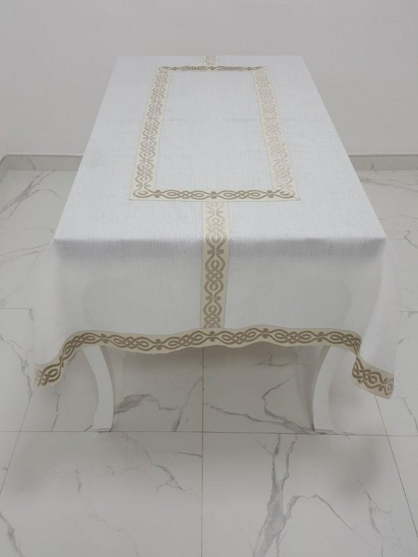 Finezza Antik Lüx Jakar Bordürlü Keten Kumaş Krem Masa Örtüsü 160x230 cm - 1130 - 3