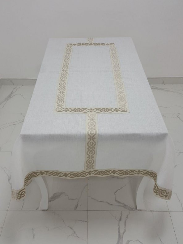 Finezza Antik Lüx Jakar Bordürlü Keten Kumaş Krem Masa Örtüsü 160x230 cm - 1130 - 5