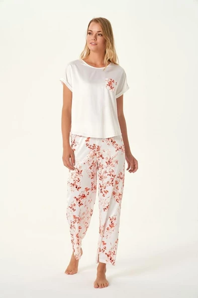 Feyza  4492 Kadın Ekru Dokuma Saten Pijama