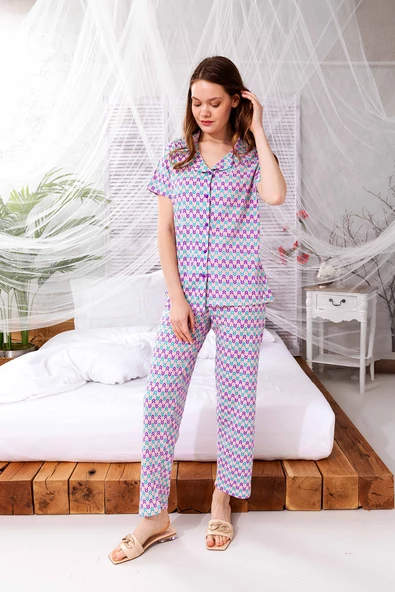 Yazlık Pamuklu Biyeli Önden Düğmeli Kısa Kol Retro Pijama Takımı - 7