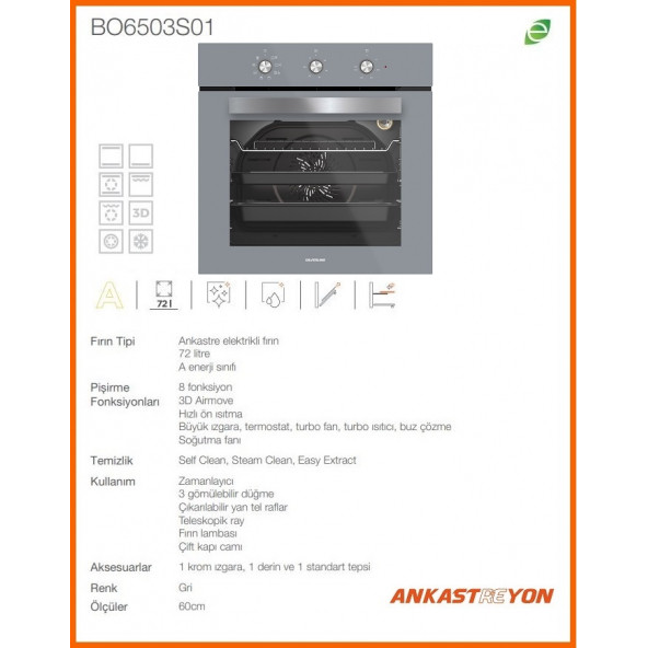 Silverline BO6503S01 72 LT Ankastre Fırın Gri cam - 2