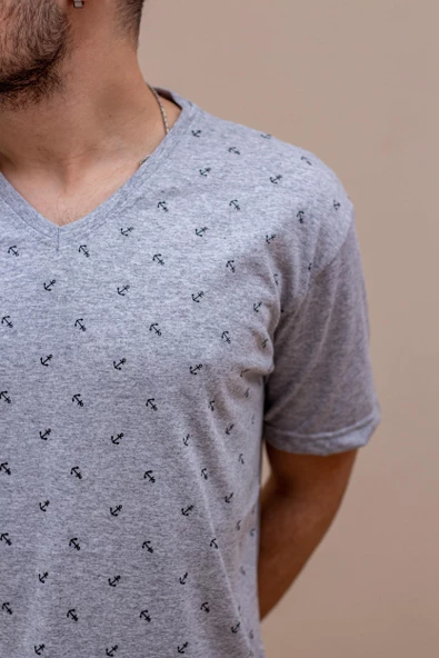 Gri Çapa Baskılı Kısa Kollu V Yaka Erkek Tişört 22ETSHVCPA - 3