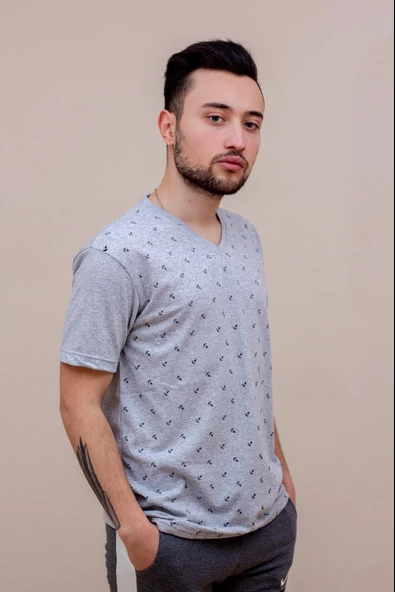 Gri Çapa Baskılı Kısa Kollu V Yaka Erkek Tişört 22ETSHVCPA - 4