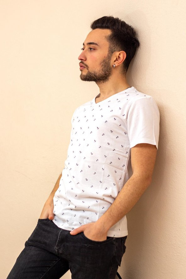 Beyaz Çapa Baskılı Kısa Kollu V Yaka Erkek Tişört 22ETSHVCPA - 5