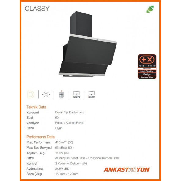 Silverline 3420 Classy Siyah Duvar Tipi 60 Cm Davlumbaz - 2