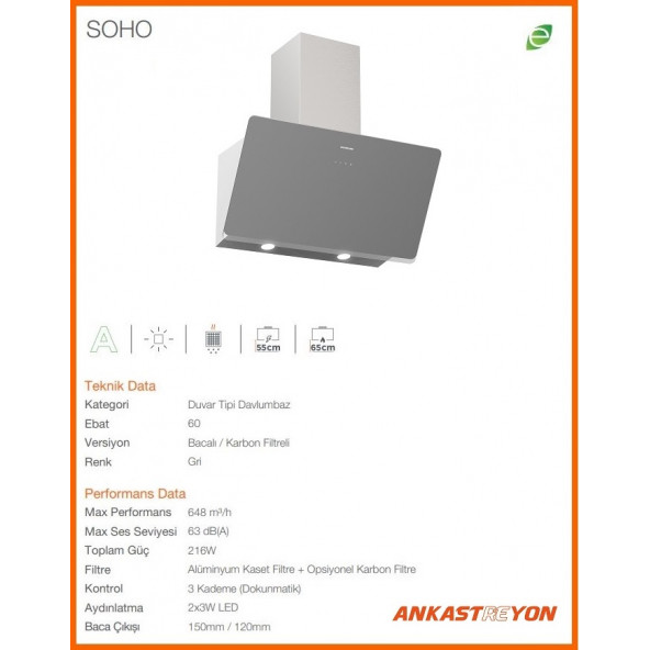 Silverline 3457 Soho Gri Duvar Tipi 60 CM Davlumbaz - 2