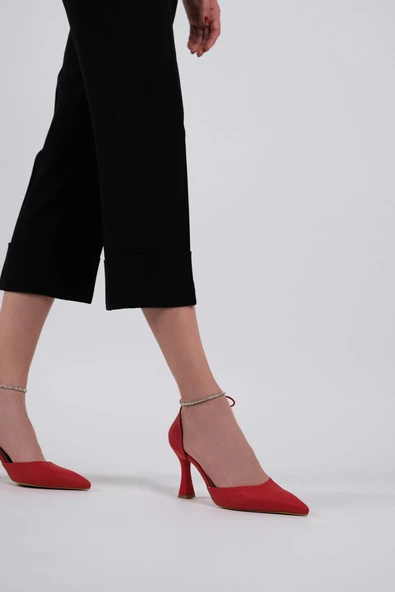 Kırmızı Saten Bilekten Bağlamalı Taşlı Stiletto Kadeh Topuklu Ayakkabı - Glossy