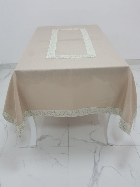Finezza Gonca Jakar Bordürlü Keten Kumaş Bej Masa Örtüsü 160x230 cm - 1132 - 3