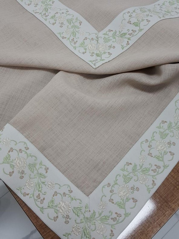 Finezza Gonca Jakar Bordürlü Keten Kumaş Bej Masa Örtüsü 160x230 cm - 1132 - 5