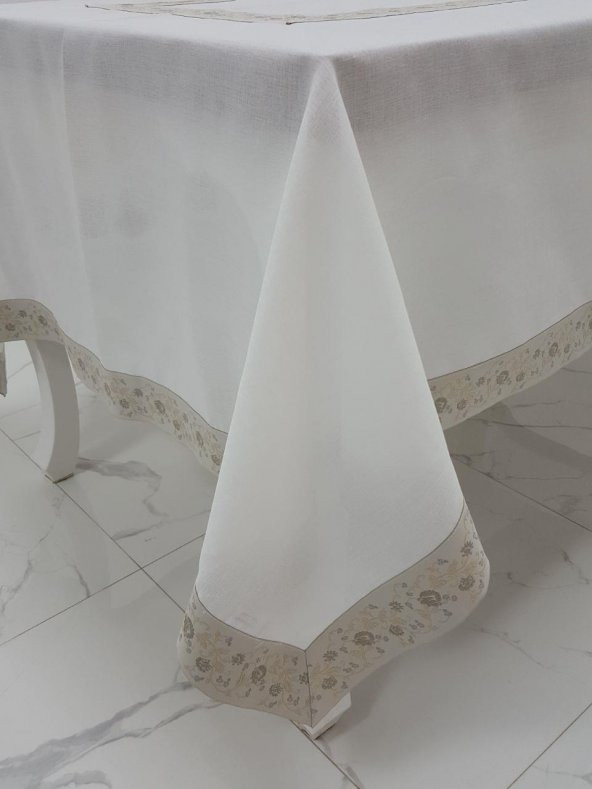 Finezza Gonca Jakar Bordürlü Keten Kumaş Krem Masa Örtüsü 160x230 cm - 1133 - 2