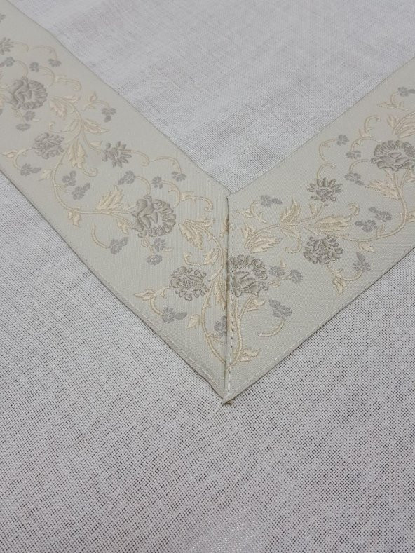 Finezza Gonca Jakar Bordürlü Keten Kumaş Krem Masa Örtüsü 160x230 cm - 1133 - 3