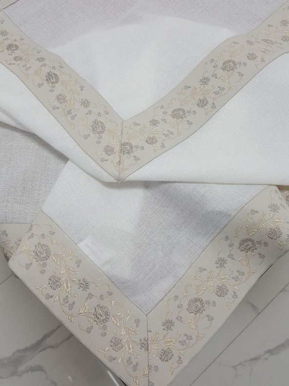 Finezza Gonca Jakar Bordürlü Keten Kumaş Krem Masa Örtüsü 160x230 cm - 1133 - 4