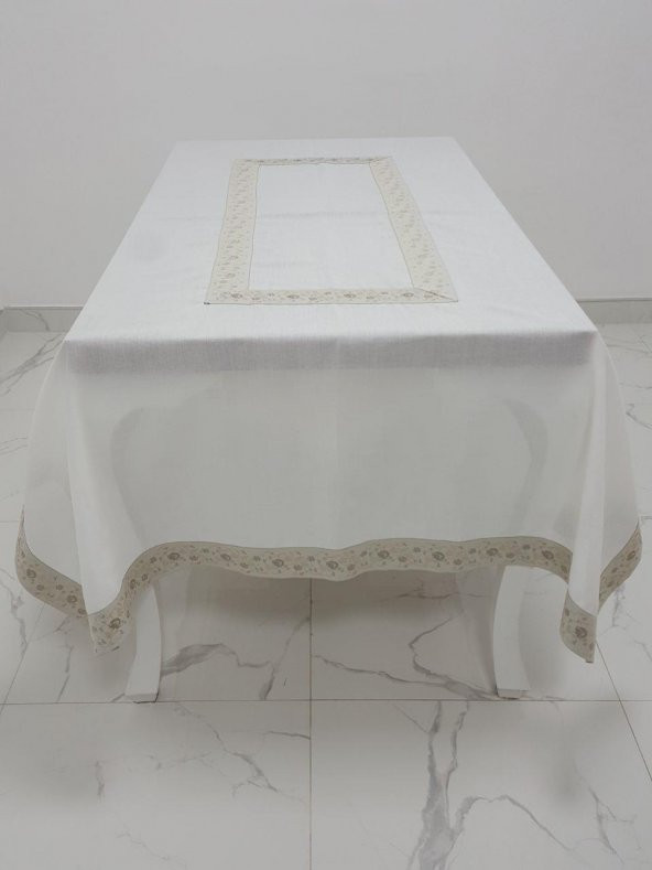 Finezza Gonca Jakar Bordürlü Keten Kumaş Krem Masa Örtüsü 160x230 cm - 1133 - 5