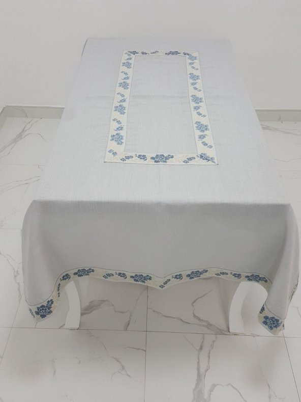 Finezza Nergis Jakar Bordürlü Keten Kumaş Gri Masa Örtüsü 160x230 cm - 1135 - 3