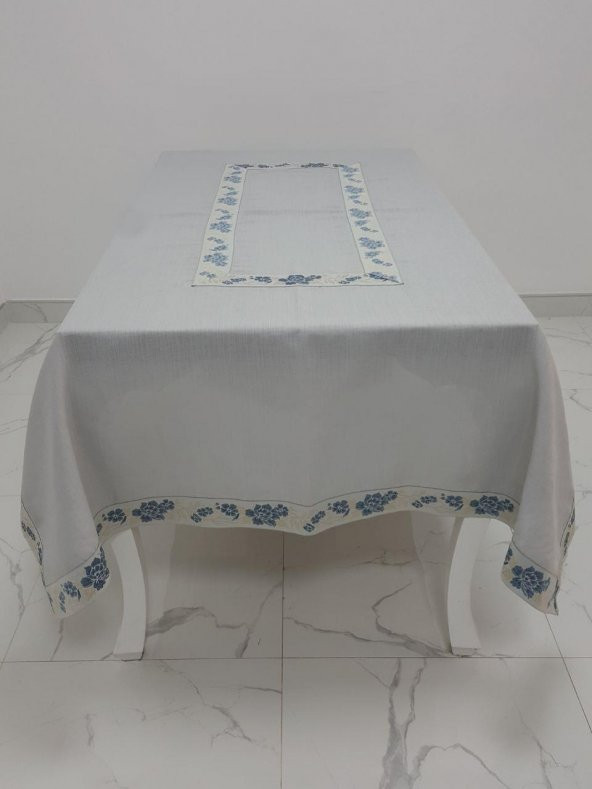 Finezza Nergis Jakar Bordürlü Keten Kumaş Gri Masa Örtüsü 160x230 cm - 1135 - 4