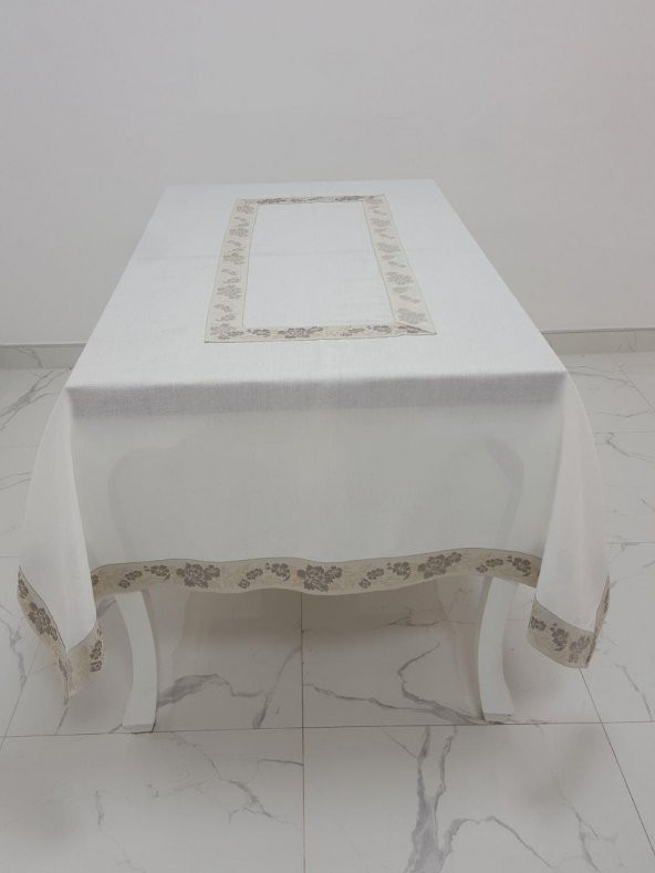 Finezza Nergis Jakar Bordürlü Keten Kumaş Krem Masa Örtüsü 160x230 cm - 1136 - 2