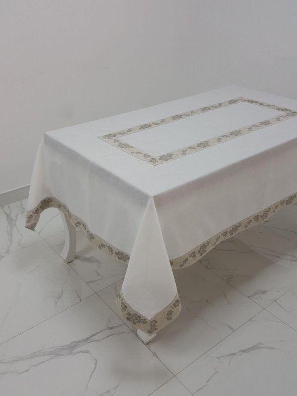 Finezza Nergis Jakar Bordürlü Keten Kumaş Krem Masa Örtüsü 160x230 cm - 1136 - 3