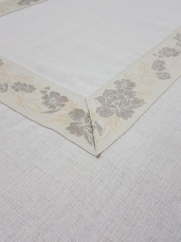 Finezza Nergis Jakar Bordürlü Keten Kumaş Krem Masa Örtüsü 160x230 cm - 1136 - 4
