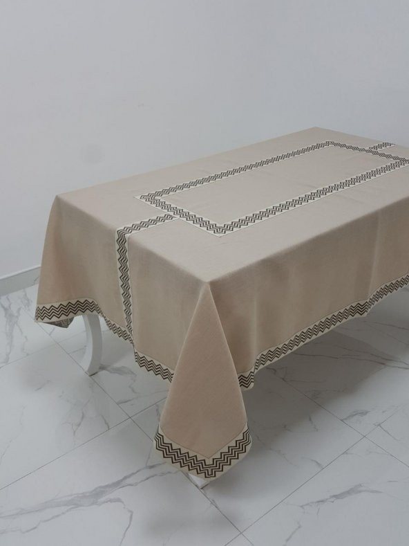 Finezza Oslo Lüx Jakar Bordürlü Keten Kumaş Bej Masa Örtüsü  160x230 cm - 1138
