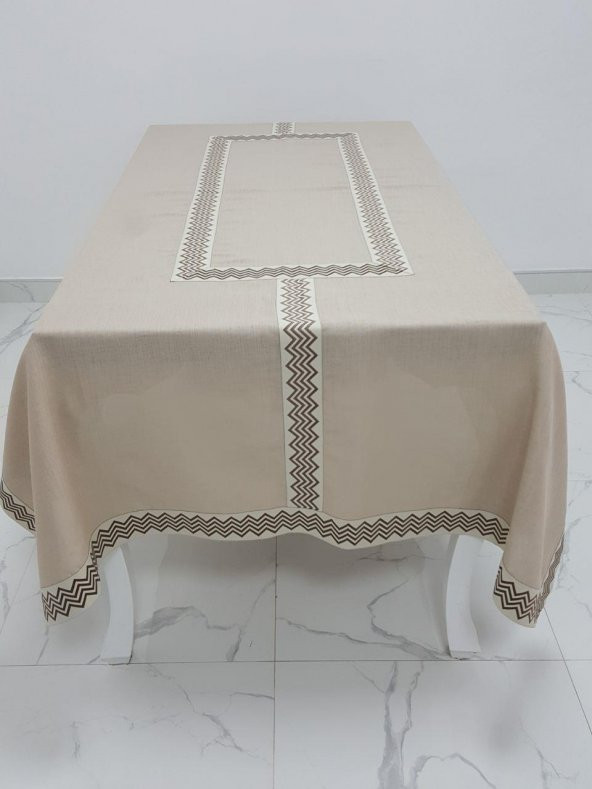 Finezza Oslo Lüx Jakar Bordürlü Keten Kumaş Bej Masa Örtüsü  160x230 cm - 1138 - 4