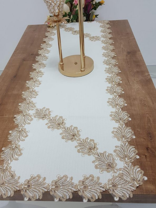 Finezza Jadelin Gold Güpürlü Keten Kumaş Runner Krem 48x145 Cm - 1141