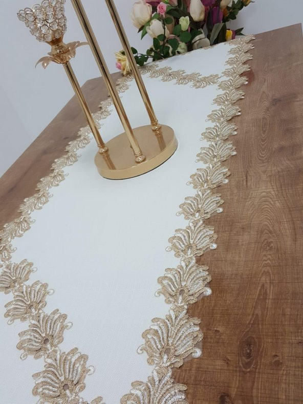 Finezza Jadelin Gold Güpürlü Keten Kumaş Runner Krem 48x145 Cm - 1141 - 3