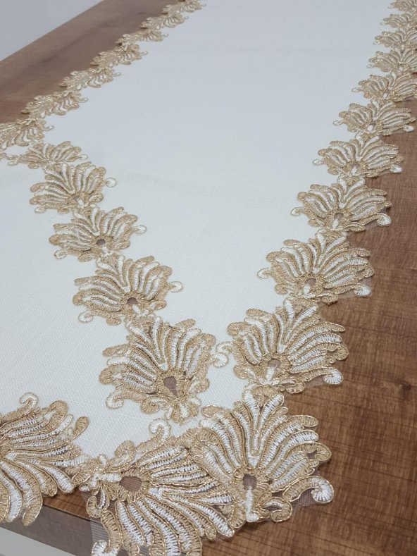 Finezza Jadelin Gold Güpürlü Keten Kumaş Runner Krem 48x145 Cm - 1141 - 5
