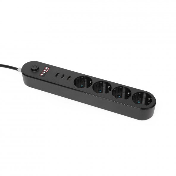 Akım Korumalı 4Lü Priz 3 Port Usb Çoklu Grup Priz 2 Metre Kablo 10A - Siyah