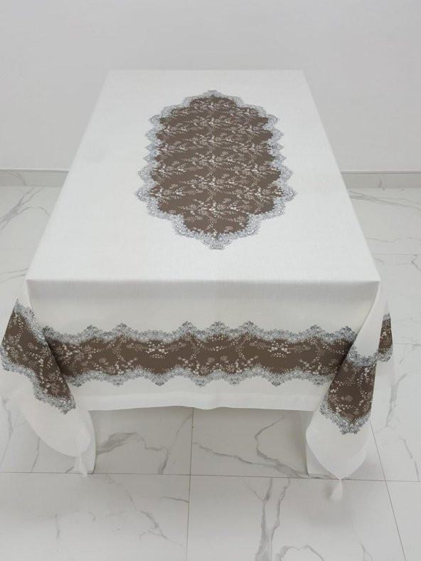 Finezza Meltem Baskılı  Keten Kumaş Kreme Kahve Masa Örtüsü 160x220 cm - 1142 - 2