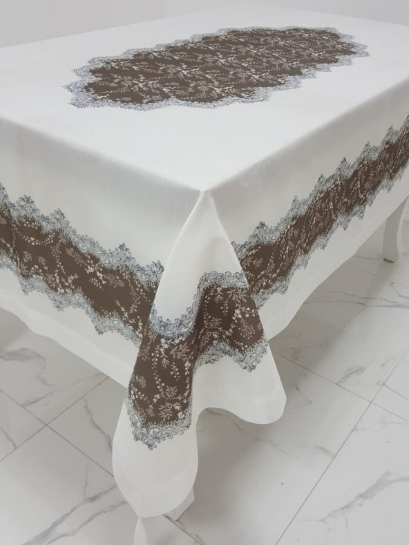 Finezza Meltem Baskılı  Keten Kumaş Kreme Kahve Masa Örtüsü 160x220 cm - 1142 - 3