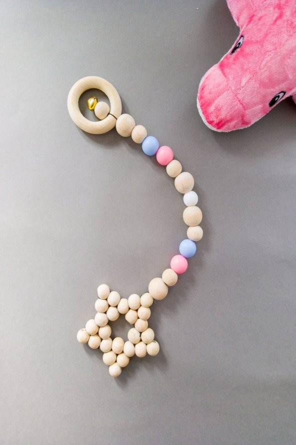 Doğal Ahşap Halka Yıldızlı Zil Boncuklu Baby Shower & Diş Kaşıyıcı Puset Oyuncağı