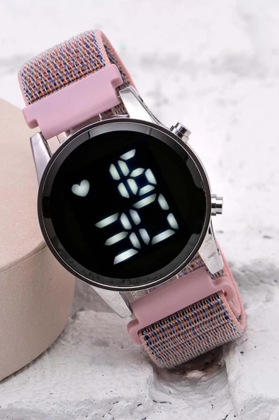 Şık Pembe Renk Cırtlı Yapışır Kordon Dijital Led Bileklik Saat ST-304056