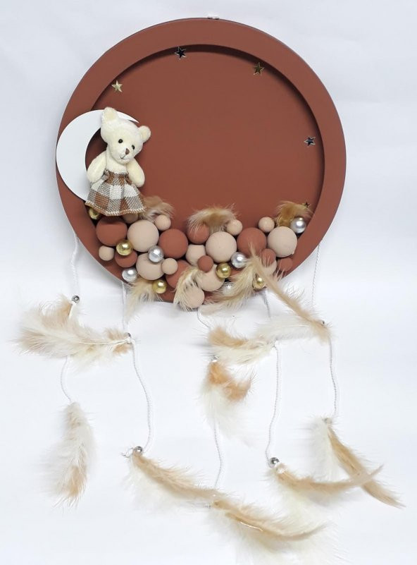 Ayıcıklı Ledli Yuvarlak Ahşap Pano Bebek Kapı Süsü Kahverengi