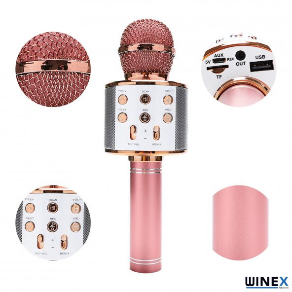 Winex UsbA+TF Sd Kart+3.5mm Aux Girişli Bluetooth Karaoke Mikrofonu Pembe - 2