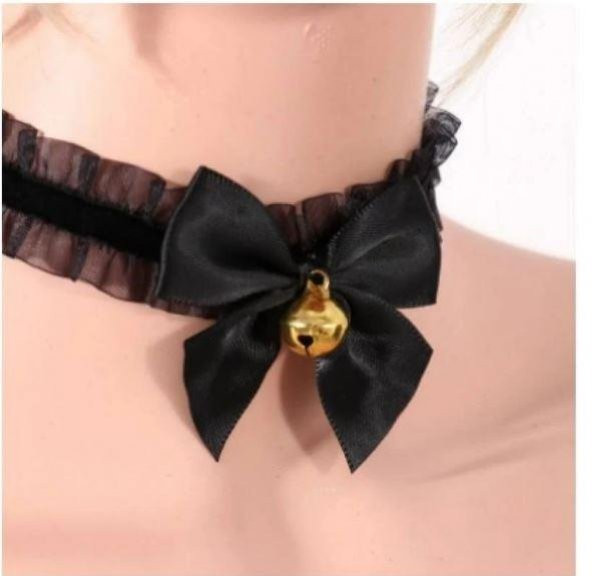 Siyah Dantelli Zilli Choker Tasma Kolye Kadın Kız - 2