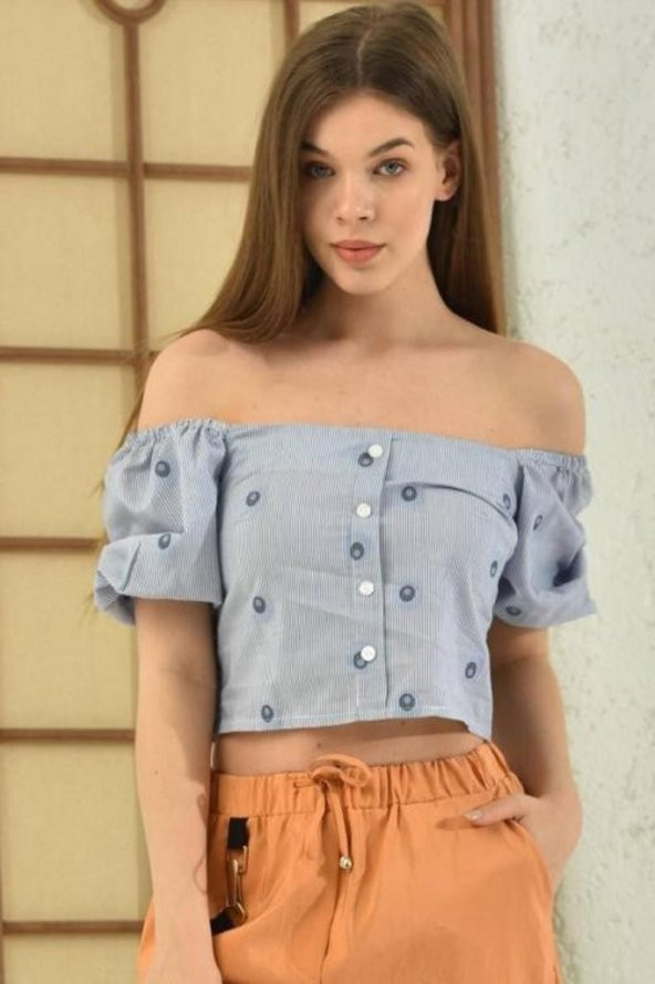 Omzu Açık Puantiyeli Mavi Kadın Crop Bluz - 2