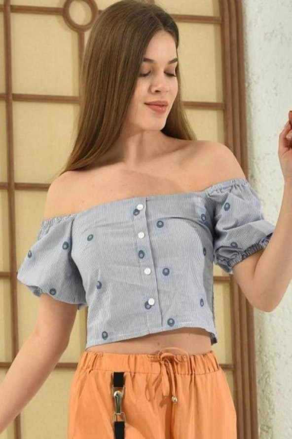 Omzu Açık Puantiyeli Mavi Kadın Crop Bluz - 3