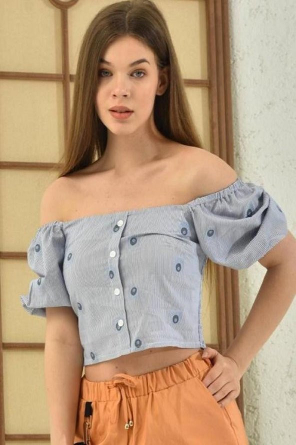 Omzu Açık Puantiyeli Mavi Kadın Crop Bluz - 4